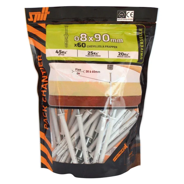 Lot De 60 Chevilles À Frapper Nylon Spit, Diam.8 X L.90 Mm