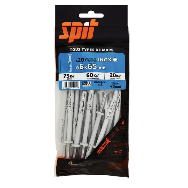 Lot De 20 Chevilles Et Vis À Frapper Inox Spit, Diam.6 X L.65 Mm