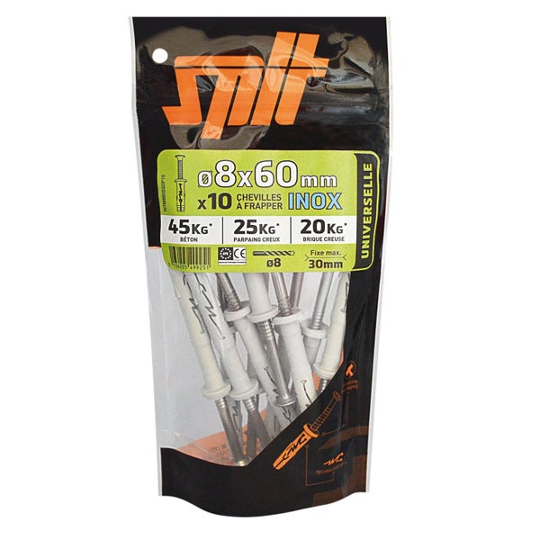 Lot De 10 Chevilles Et Vis À Frapper Inox Spit, Diam.8 X L.60 Mm