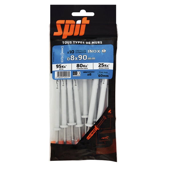 Lot De 10 Chevilles Et Vis À Frapper Inox Spit, Diam.8 X L.90 Mm