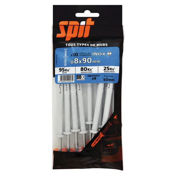 Lot De 10 Chevilles Et Vis À Frapper Inox Spit, Diam.8 X L.90 Mm