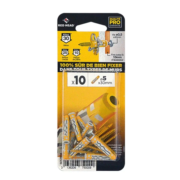 Lot De 10 Cheville Et Vis Couleur Red Head, Diam.5 Mm X L.30 Mm