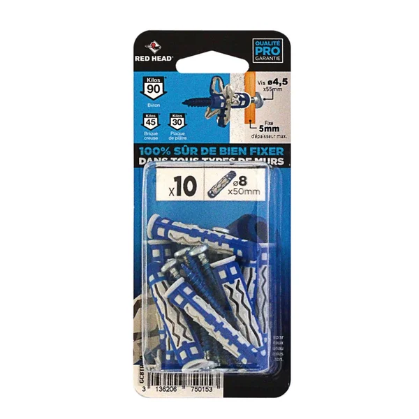 Lot De 10 Chevilles Et Vis Couleur Red Head, Diam.8 Mm X L.50 Mm