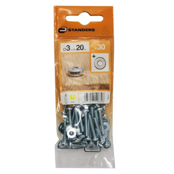 Lot De 30 Boulons Tête Cylindrique Acier Zingué, L.20 X Diam.3 Mm Standers
