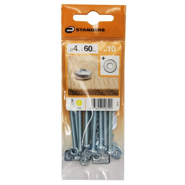 Lot De 10 Boulons Tête Cylindrique Acier Zingué, L.60 X Diam.4 Mm Standers