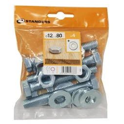 Lot De 4 Boulons Tête 6 Pans Acier Zingué, L.80 X Diam.12 Mm Standers