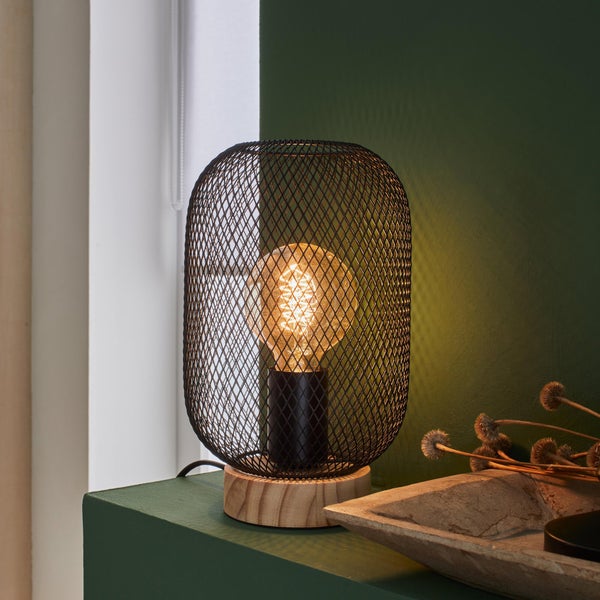 Lampe, E27 max 40W industriel métal noir / bois, BRILLIANT E27 Ht.26,5 cm Giada