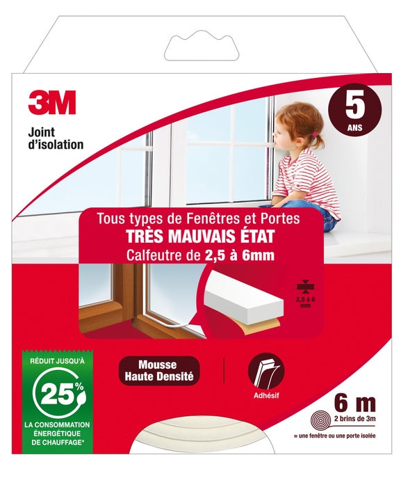 Joint De Porte Et Fenêtre Universel Très Mauvais Etat 3M 2,5 À 6 Mm X 6 M Blanc