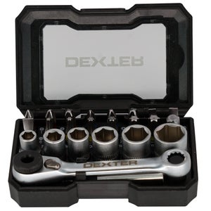 Coffret de douilles 6 pans+mini-cliquet+embout DEXTER en acier chrome vanadium