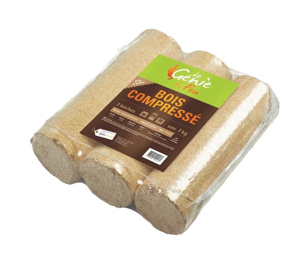 Pack de 3 bûches bois compressé / bois résineux, LE GENIE DU FEU, L. 30 cm 7 kg