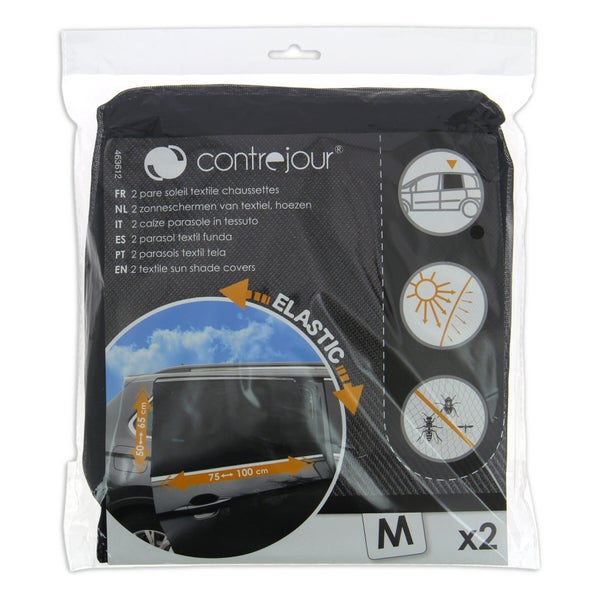 Lot de 2 pare soleil auto, lateral arriere, textile chaussette, L. 75-100 cm, l. 50-60 cm, anti uv, noir, CONTREJOUR