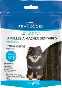 Friandise chiot/chien -5kg lamelles à mâcher dentaires anti plaq/tart x15 pcs FRANCODEX