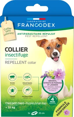 Collier insectifuge chiot/chien - 10 kg, margosa/geraniol/lavandin, 35 cm
