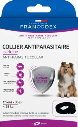 "Collier antiparasitaire chien -25kg icaridine noir 60cm  FRANCODEX"