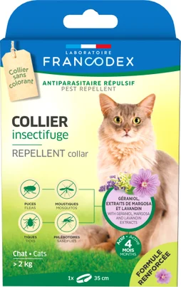 Collier insectifuge chat geraniol/margosa/lavandin blanc 35cm  FRANCODEX