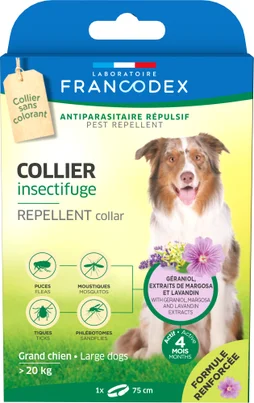 Collier insectifuge chien +20kg margosa/geraniol/lavandin 75cm  FRANCODEX