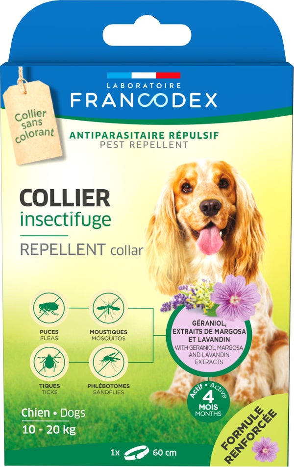 Collier insectifuge chien 10-20kg margosa/geraniol/lavandin 60cm  FRANCODEX
