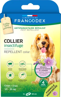 Collier insectifuge chien 10-20kg margosa/geraniol/lavandin 60cm  FRANCODEX