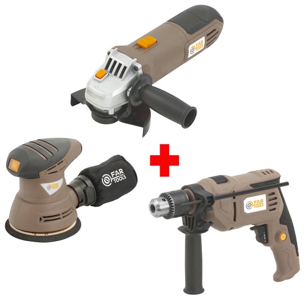 Lot de 3 outils Perceuse à percussion 500 w + meuleuse 115 mm 500 w + ponceuse orbitale 125 mm 240 w