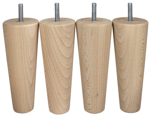 Lot de 4 pieds de meuble conique fixes hêtre brut blanc / beige / naturels, 15cm