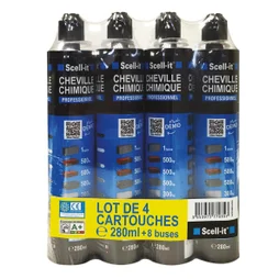 Lot de 4 cartouches de scellement chimique et canules SCELL-IT gris