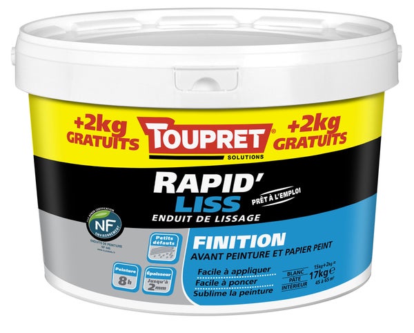 Enduit de lissage en pâte Rapid'liss TOUPRET 15 kg + 2kg gratuit