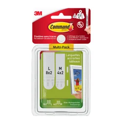 Languette adhesive fixation tableau assortiment 8M + 16L, blanc, COMMAND 3M