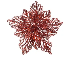 Deco Noel sur clip poinsettia plastique paillette d23,5 h10cm rouge