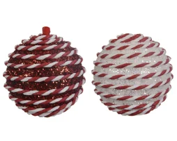 Boule Noel mousse d8cm rouge/blanc rayure cordelette paillette -unite
