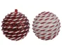 Boule Noel mousse d8cm rouge/blanc rayure cordelette paillette -unite
