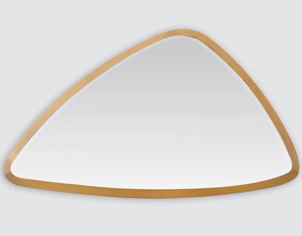 Miroir triangulaire biseauté doré, l.27 x H.46 cm