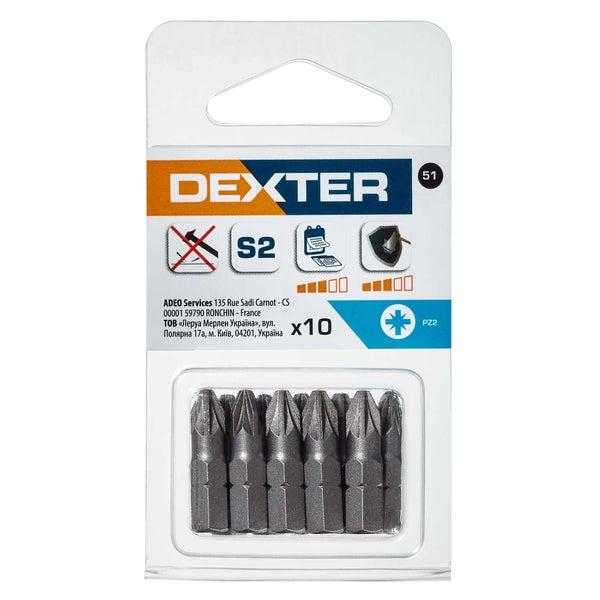 Lots de 10 embouts de vissage DEXTER Pz2 25 mm