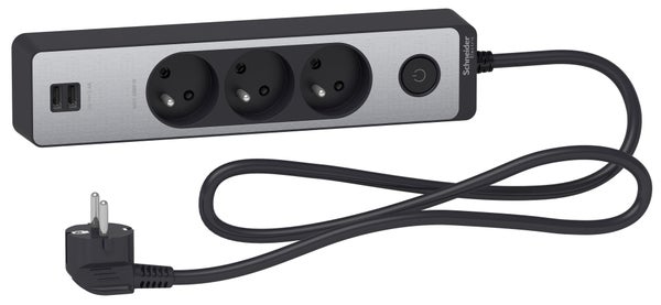 Multiprise filaire 3 prises + 2 usb 1.5m, SCHNEIDER ELECTRIC, noir / aluminium