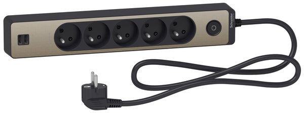 Multiprise filaire 5 prises + 2 usb 1.5m, SCHNEIDER ELECTRIC, noir / bronze