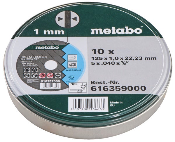 Coffret de 10 meules METABO De tronconnage sp 125 x 1,0 x 22,23 inox