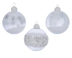 Boule Noel verre-polystyrene d8 blanc paillet/perle rocaille/flocon pc