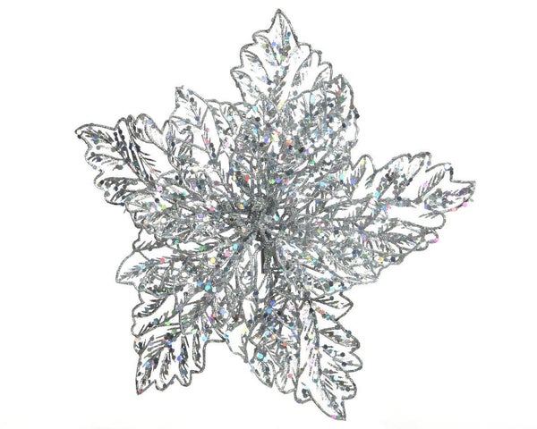 Poinsettia soie argent blanc froid