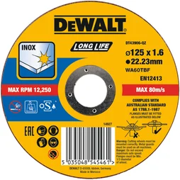Disque a tronçonner pour inox, DEWALT DT43906, diam. 125 x 1.6 x 22 mm