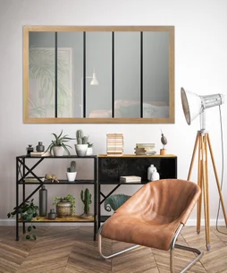 Miroir rectangulaire atelier bois et métal, chêne clair, l. 140 x H. 90 cm