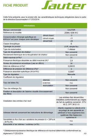 Aérateur extracteur permanent à interrupteur SAUTER Zemu SDB/WC 100 mm