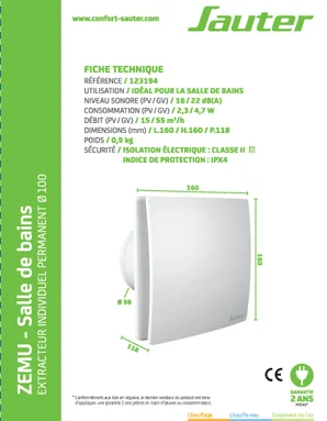 Aérateur permanent detection humidite zemu sdb 100mm
