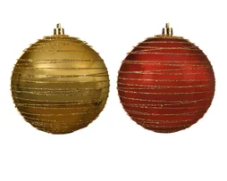 Boule de noël plastique d.10cm or/rouge brillant rayures paillette or