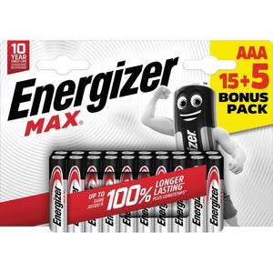 Lot de 15 + 5 piles alcaline AAA Max, 1.2 V, ENERGIZER