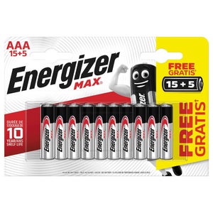 Lot de 15 + 5 piles alcaline AAA Max, 1.2 V, ENERGIZER