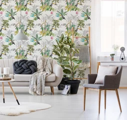 Papier peint vinyle Motif palme perroquet multicolore
