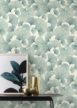 Papier peint vinyle sur intissé Motif gingko vert