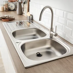 Evier à encastrer 2 bacs avec égouttoir, inox, gris / argent