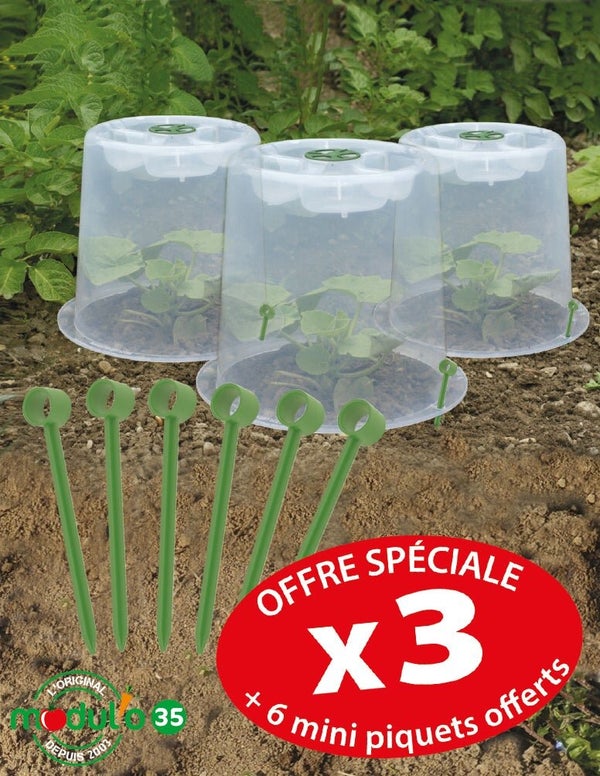 Lot de 3 cloches potagères modul'o 35 à forcer + 6 piquets d'ancrage MODUL'O