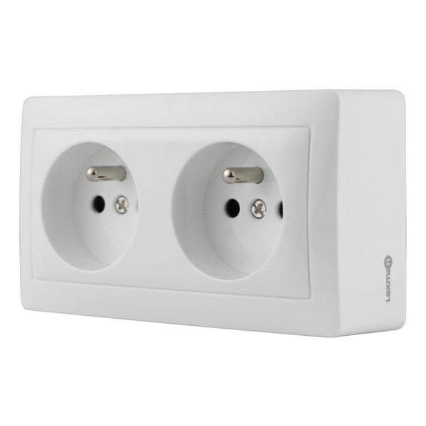 Double prise avec terre saillie, complet, LEXMAN Surface, blanc