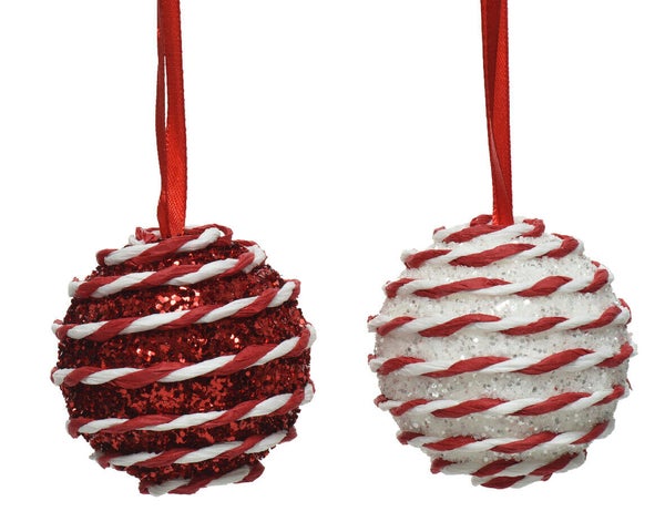 Boule Noel mousse d6cm rouge/blanc rayure cordelette paillette -unite